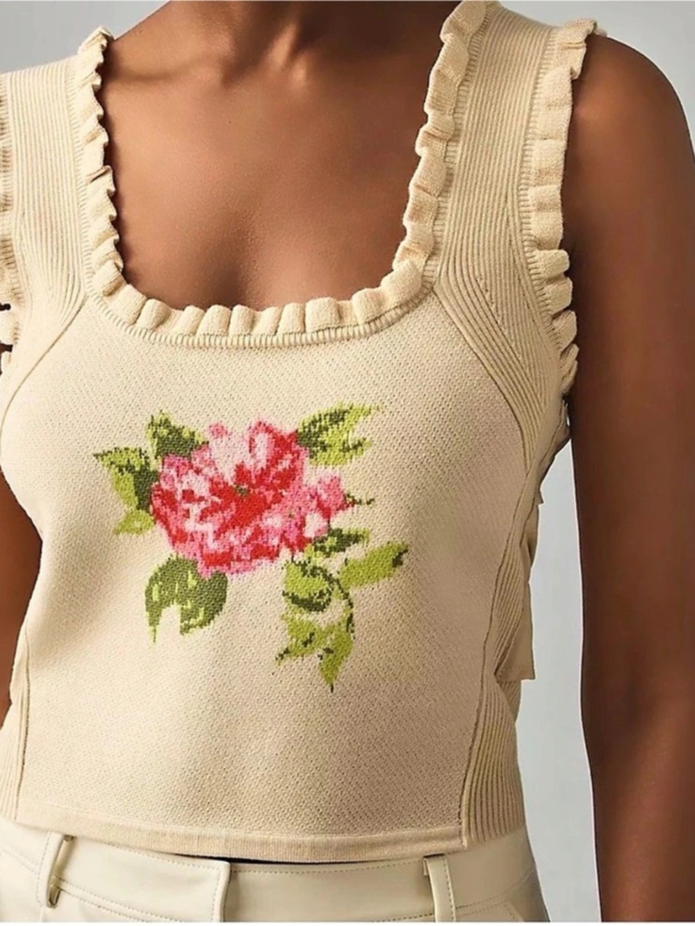 Anthropologie Floral Ruffle Knit Tank in Beige Size Medium